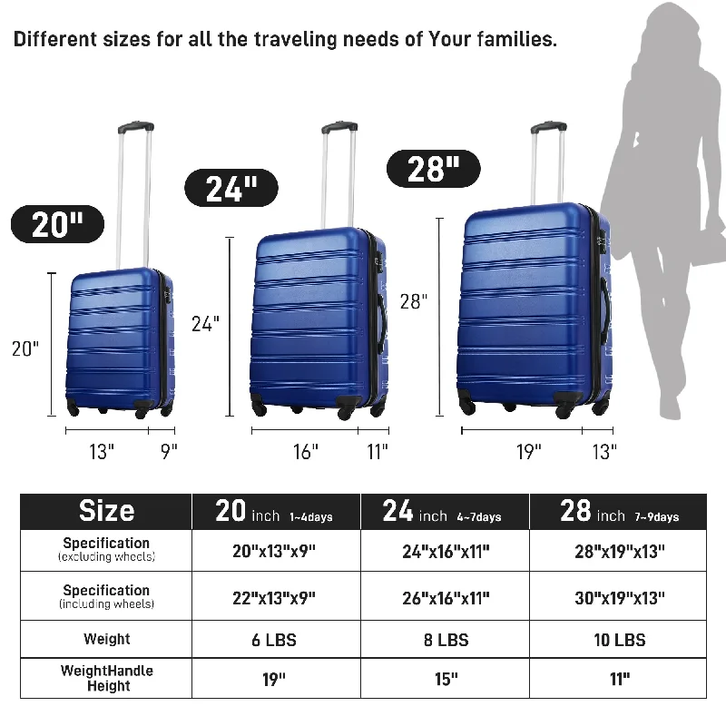 Charging station travel adapters with multiple USB ports for powering devices on the go20" Carry On Luggage 24" Rolling Trunk 28" Suitcase Set of 3, Blue