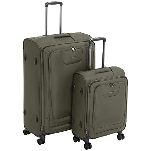 Earplugs and eye masks set for a good sleep during long - haul flightsAmazonBasics 2 Piece Expandable Softside Spinner Luggage Suitcase With TSA Lock And Wheels Set - Olive