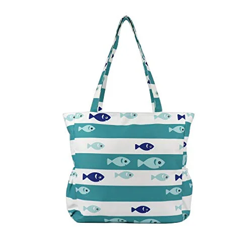 Beach Tote Bag Shoulder Bag with Zipper and Multi Pockets Water Resistant for Gym Beach Travel Shopping, Green Stripes Fish Beach Tote Bag Shoulder Bag with Zipper and Multi Pockets Water Resistant for Gym Beach Travel Shopping, Green Stripes Fish