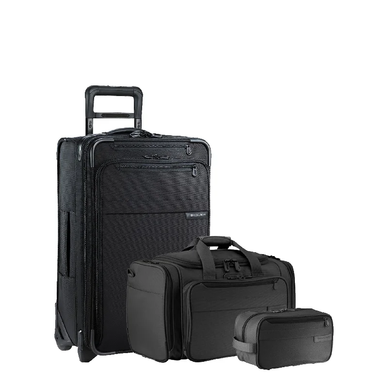 Waterproof luggage covers for protection against rain on outdoor tripsBaseline 3-Piece Set: Carry-On Spinner, Carry-On Duffel & Toiletry Kit