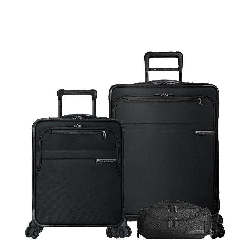Leather luggage handles for a comfortable and stylish gripBaseline 3-Piece Set: Carry-On Spinner, Med Spinner & Toiletry Kit