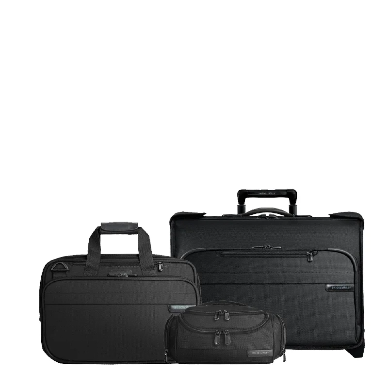 Waterproof luggage covers for protection against rain on outdoor tripsBaseline 3-Piece Set: Wheeled Carry-On Garment, Cabin Bag & Toiletry Kit