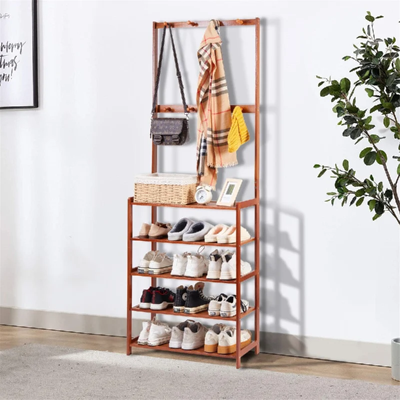 Industrial Shoes Rack Coat Storage Stand with 8 Hooks for Entryway