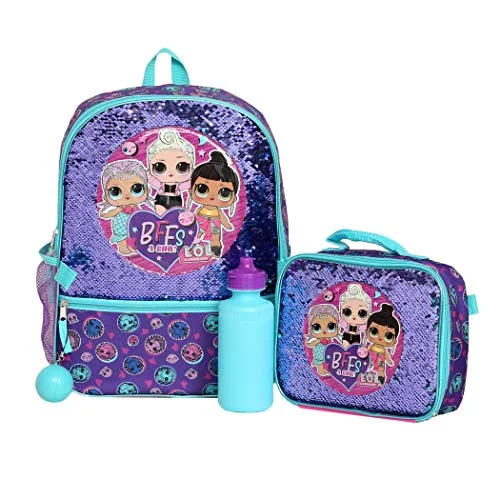 LOL Girl’s 4 Piece Backpack Set, Sequined School Bag with Front Panel and Mesh Pockets, Insulated Lunch Bag, with Water Bottle and Squish Ball Dangle, Purple and Teal LOL Girl’s 4 Piece Backpack Set, Sequined School Bag with Front Panel and Mesh Pockets, Insulated Lunch Bag, with Water Bottle and Squish Ball Dangle, Purple and Teal