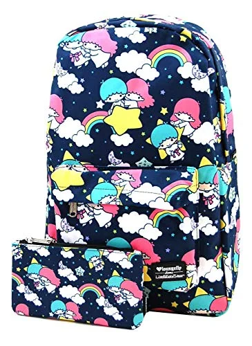 Travel backpack rain covers made of durable nylon materialLoungefly Hello Sanrio Twin Stars Regular Canvas Backpack and Pouch Set (Blue)