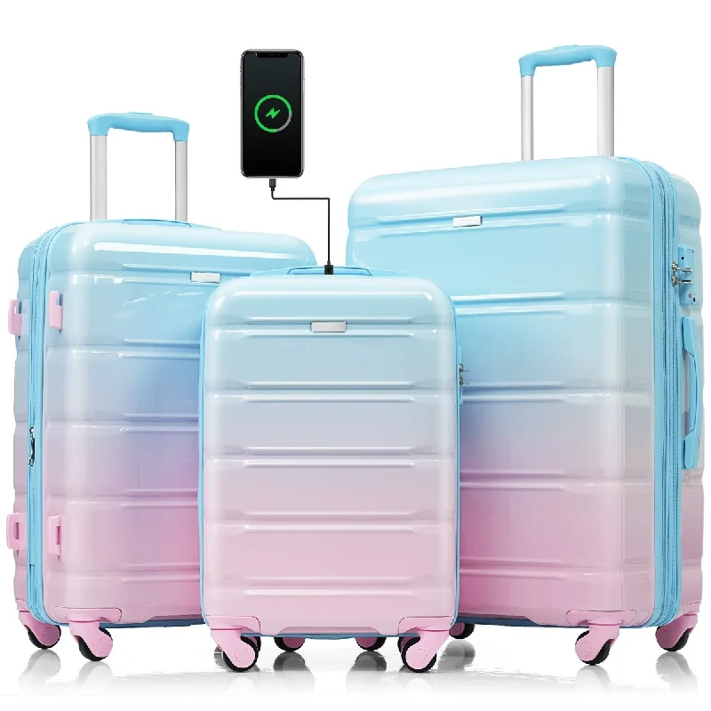 Luggage Set of 3, 20-inch with USB Port, Airline Certified Carry-on Luggage with Cup Holder, ABS+PC Hard Shell Luggage