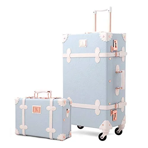 Unitravel Vintage Suitcase Set Rolling PU Trunk Luggage with Train Case (Blue, 24inch+12inch) Unitravel Vintage Suitcase Set Rolling PU Trunk Luggage with Train Case (Blue, 24inch+12inch)