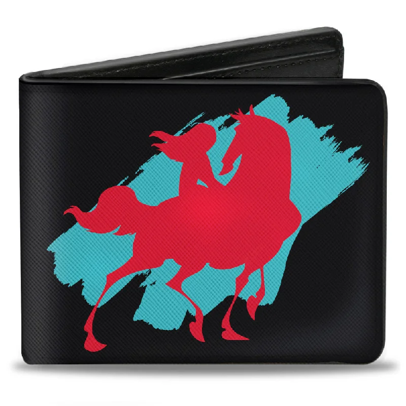 Stainless steel money clips for durabilityBi-Fold Wallet - Mulan Sitting on Horse Pose Silhouette + Logo Black Turquoise Red