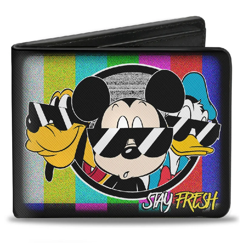 Lightweight money clips for travelBi-Fold Wallet - Pluto Mickey Mouse Donald Duck STAY FRESH Group Pose Multi Color Television Bars