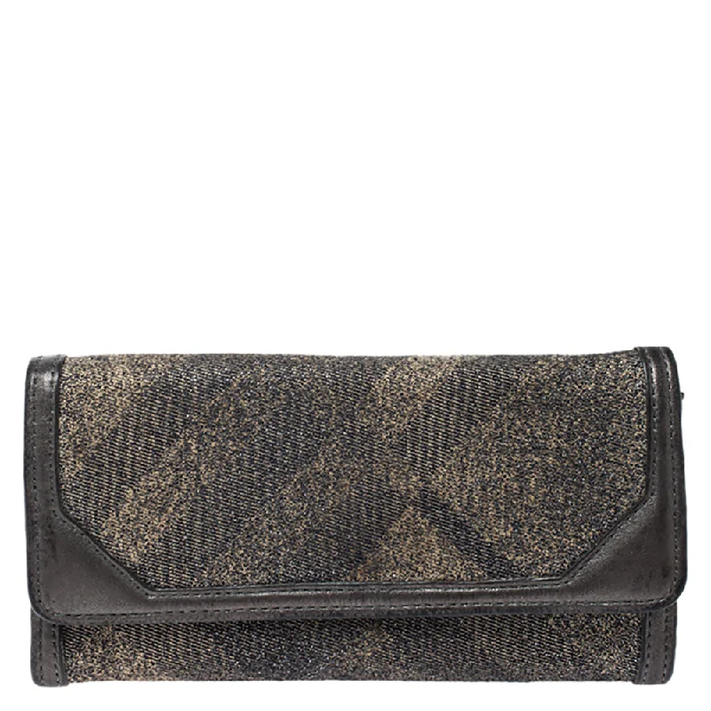 Money clips for women with sleek designsBurberry Metallic Grey Smoke Check Canvas And Leather Flap Continental Wallet..