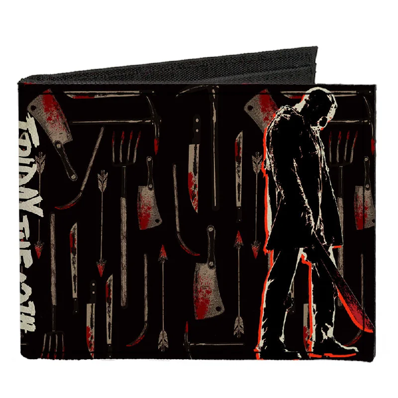Money clips with RFID protectionCanvas Bi-Fold Wallet - FRIDAY THE 13TH Jason Machete Pose Bloody Tools Black Grays Reds