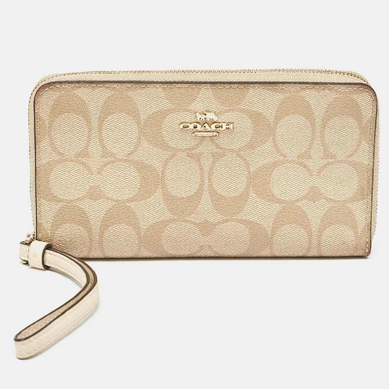 Stainless steel money clips for durabilityCoach Beige Siganture Coated Canvas And Leather Zip Around Wristlet Wallet