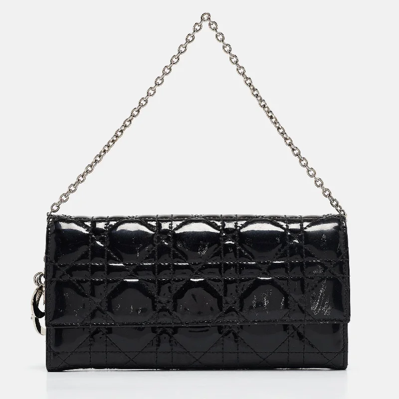 Money clips for women with sleek designsDior Black Cannage Patent Leather Lady Dior Wallet On Chain