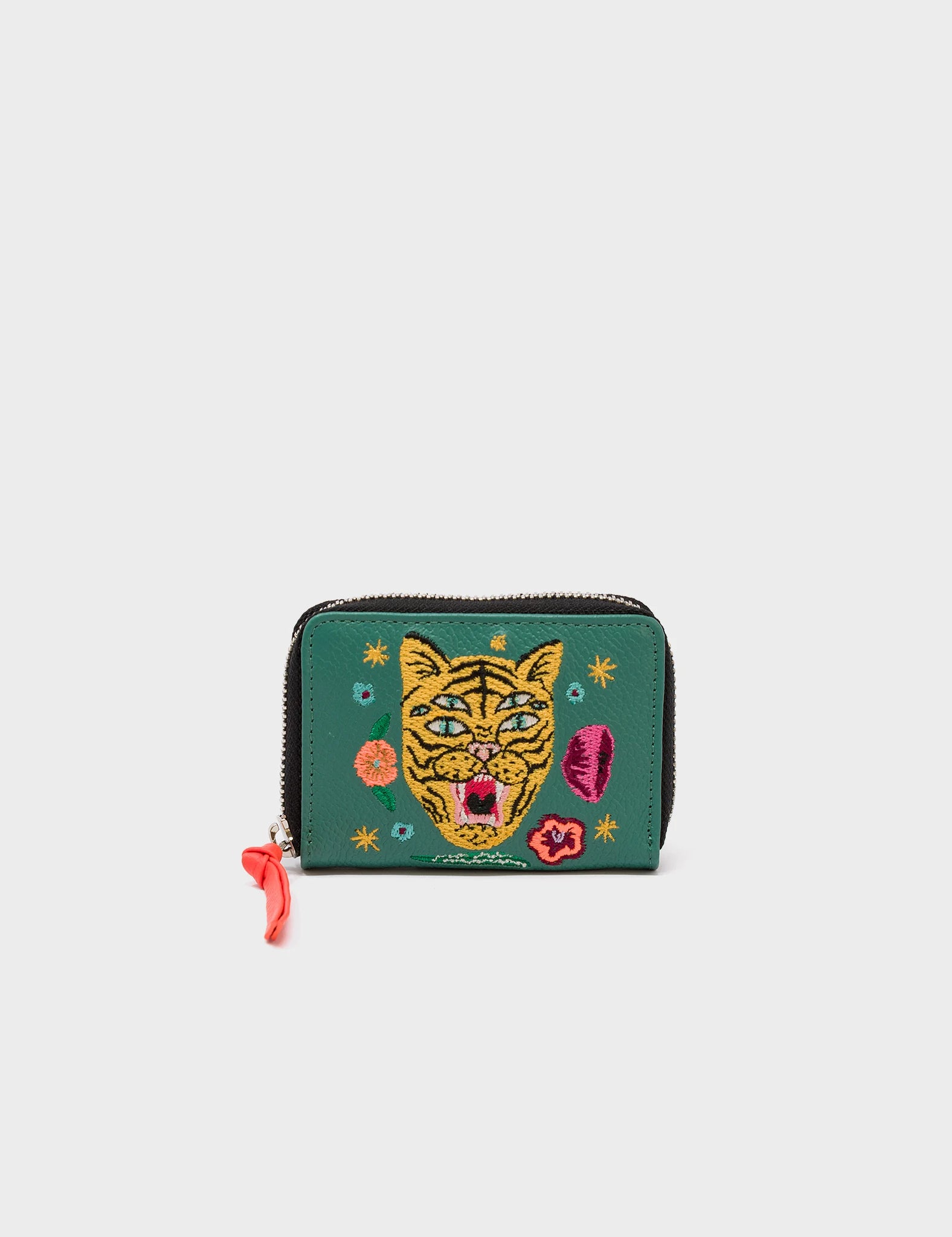 Money clips with magnetic closureFrodo Deep Sea Green Leather Zip Around Wallet - Tiger and Flowers Embroidery