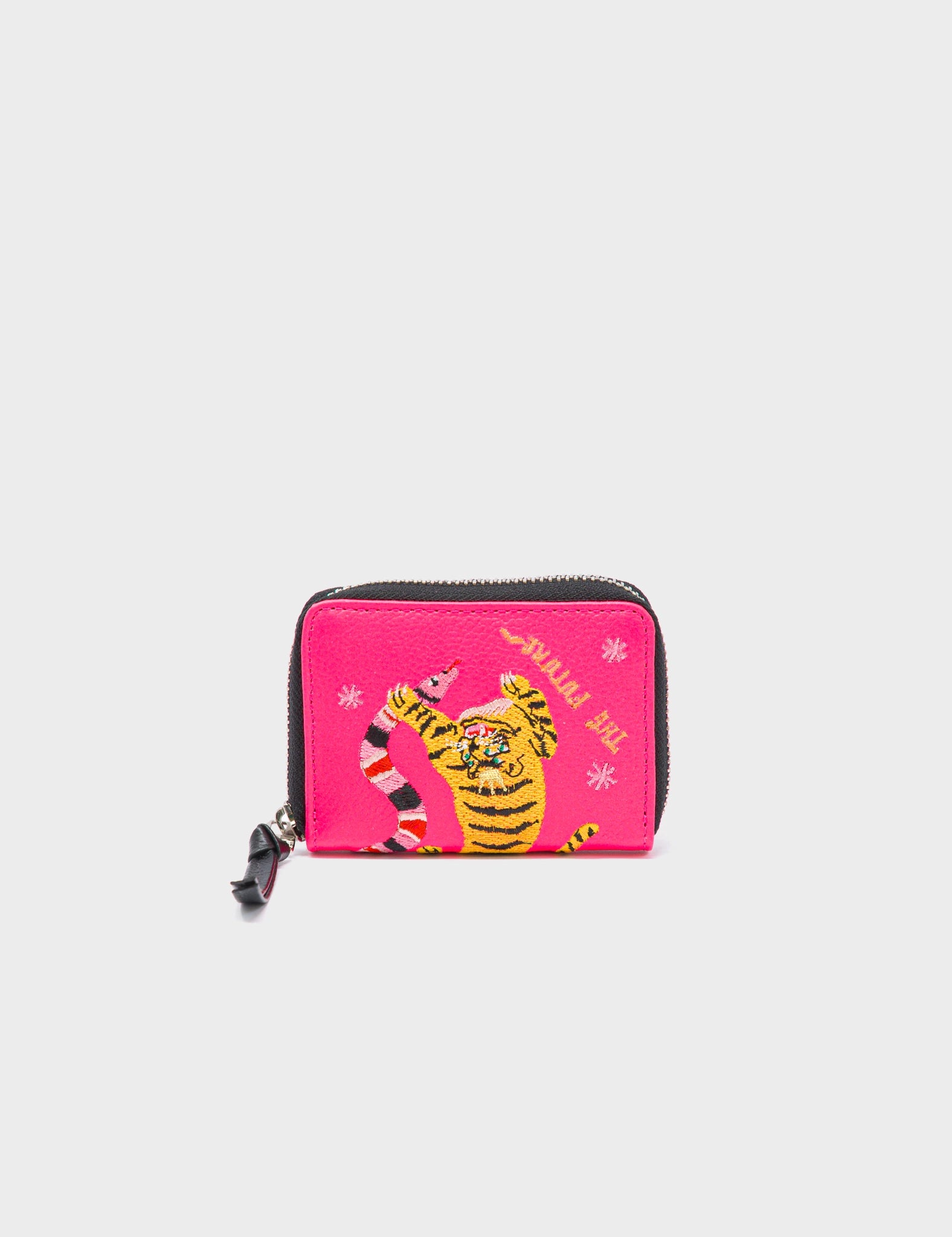 Money clips with RFID protectionFrodo Neon Pink Leather Zip Around Wallet - Tiger and Snake Embroidery