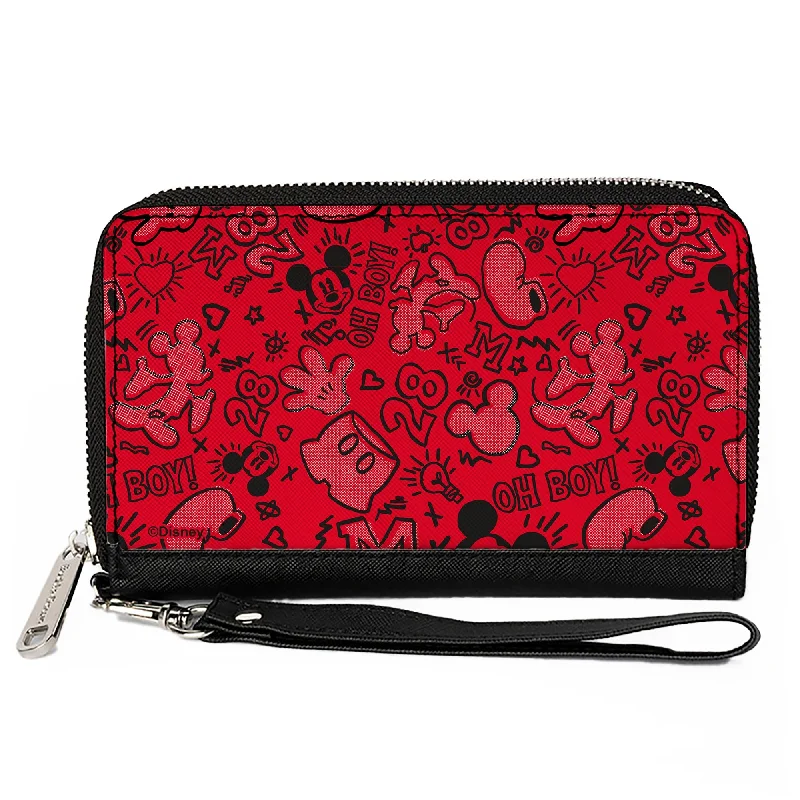 PU Zip Around Wallet Rectangle - Mickey Mouse Icon Doodles Collage Reds/Black