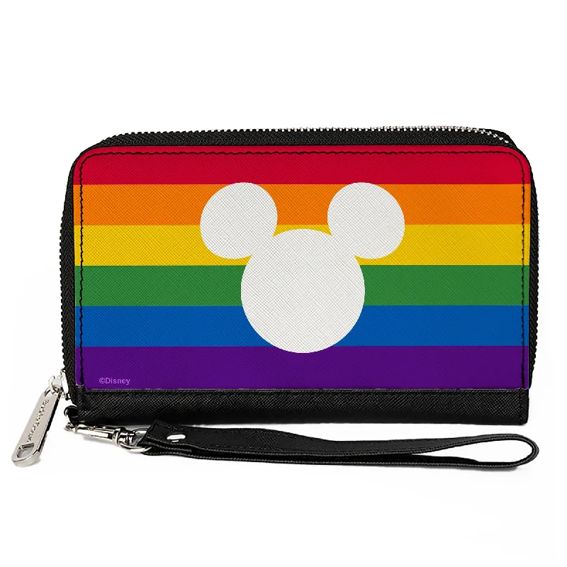 PU Zip Around Wallet Rectangle - Mickey Mouse Pride Ears Icon Rainbow Stripe Multi Color White