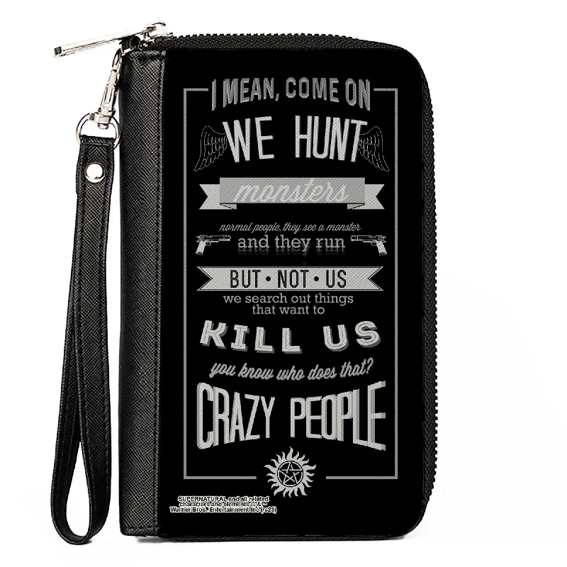 Stainless steel money clips for durabilityPU Zip Around Wallet Rectangle - Supernatural Dean CRAZY PEOPLE Quote/Winchester Pentagram Black/Grays