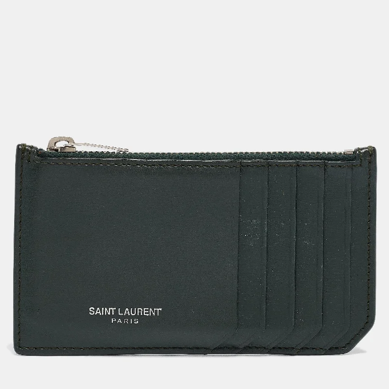 Slim money clips for minimalist walletsSaint Laurent Dark Green Leather Fragment Zip Card Holder