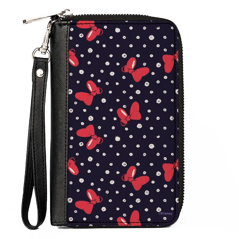 Vintage-style money clips for collectorsWomen's PU Zip Around Wallet Rectangle - Minnie Mouse Bow and Dots Scattered Black Red White