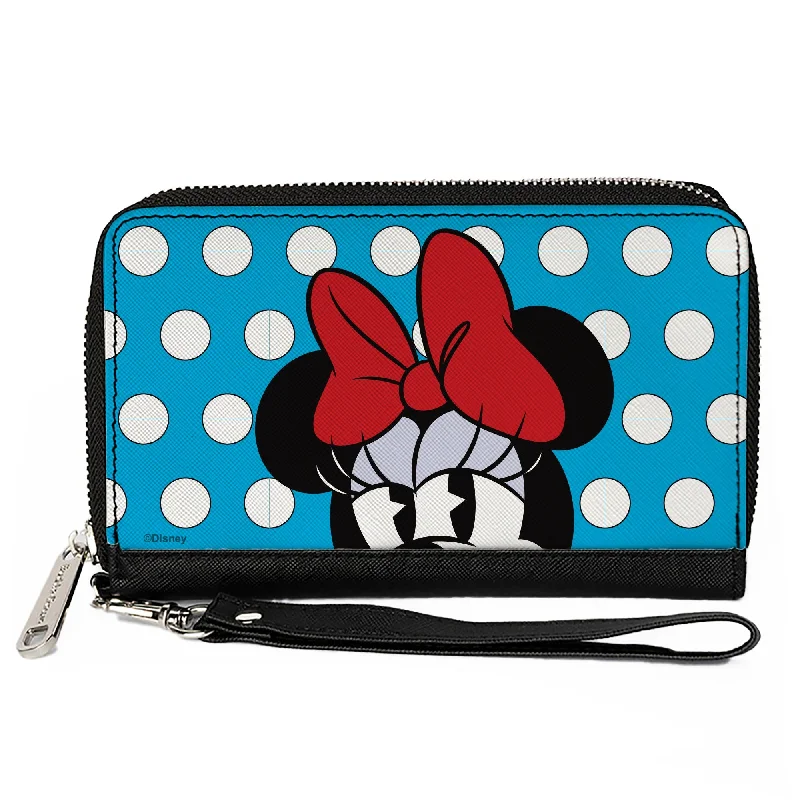 Top-rated money clips for everyday useWomen's PU Zip Around Wallet Rectangle - Minnie Style Face CLOSE-UP Dots Blue White