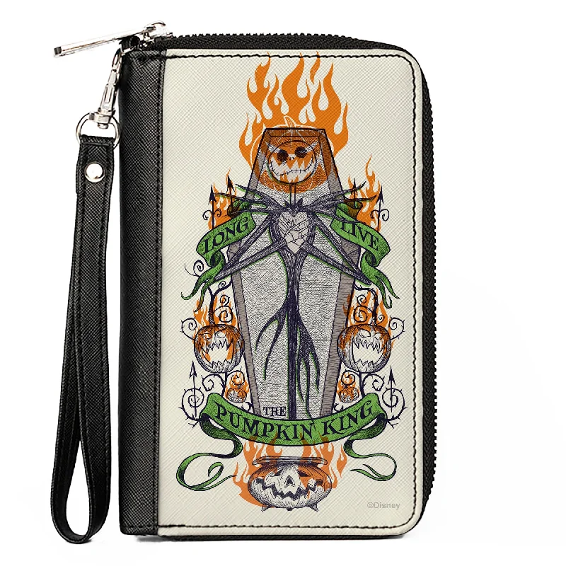 Lightweight money clips for travelWomen's PU Zip Around Wallet Rectangle - Nightmare Before Christmas LONG LIVE THE PUMPKIN KING Jack Corpse Pose Ivory Grays Orange Green