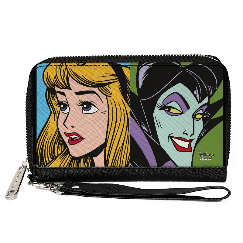 Vintage-style money clips for collectorsWomen's PU Zip Around Wallet Rectangle - Sleeping Beauty Princess Aurora and Maleficent Face Blocks