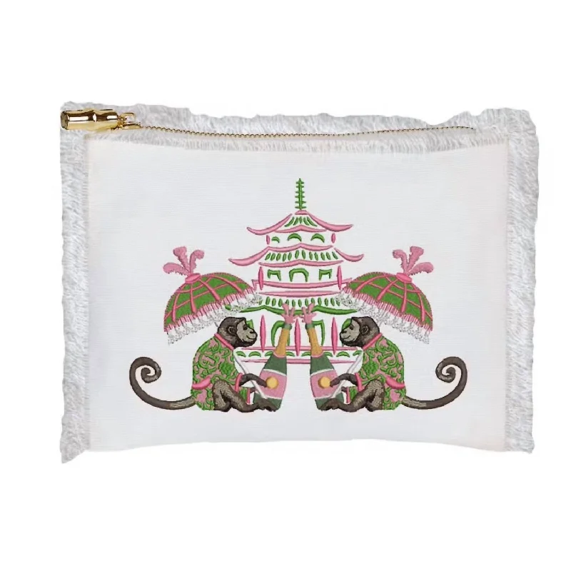 Champagne Monkeys Flat Zip Bag In White