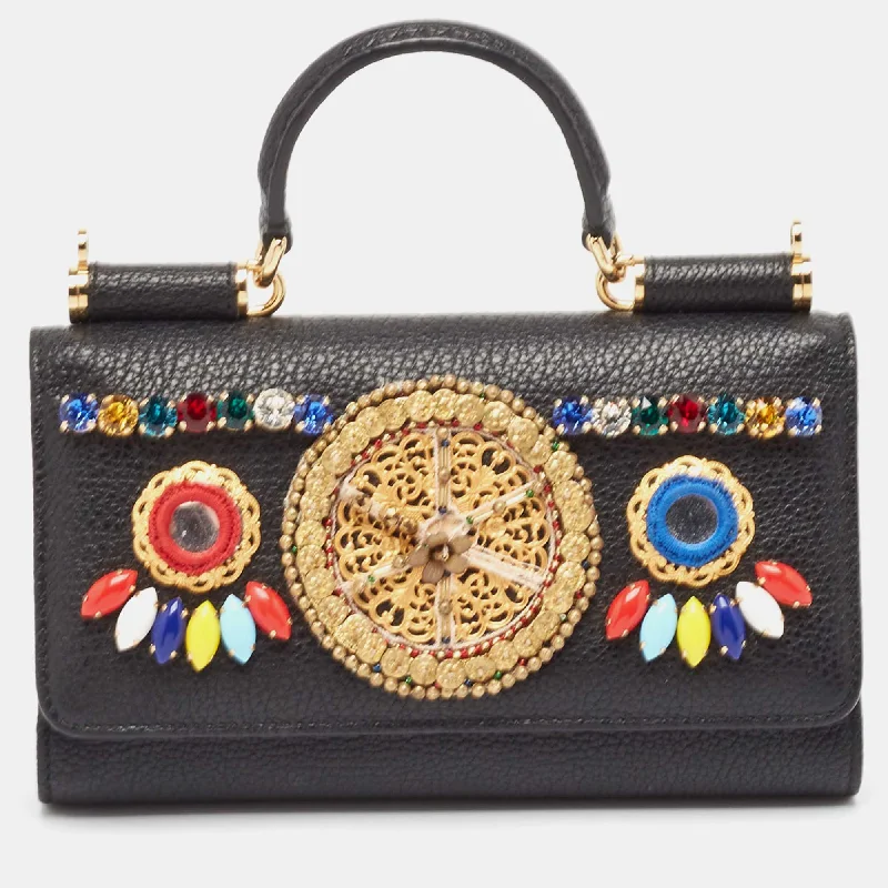 Dolce & Gabbana Black Leather Miss Sicily Von Embellished Wallet On Chain