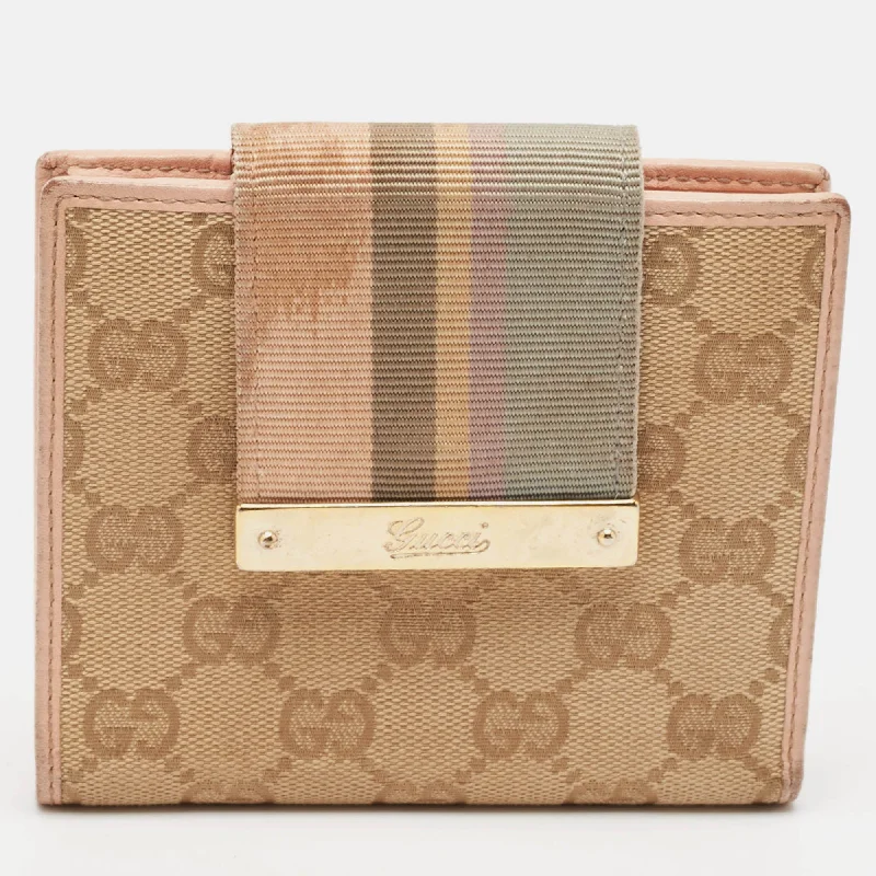 Gucci Beige/pink Gg Canvas And Leather French Flap Wallet