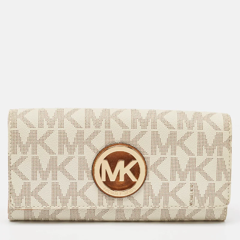 Michael Kors White/brown Signature Coated Canvas And Leather Fulton Continental Wallet