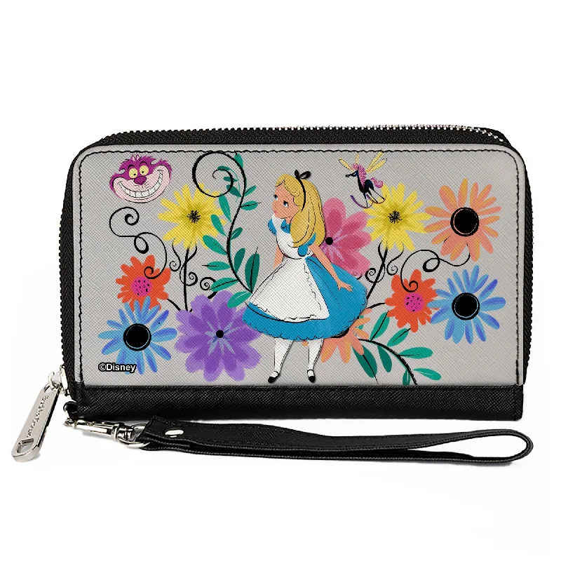 PU Zip Around Wallet Rectangle - Alice Pose/Cheshire Cat Face/Flowers of Wonderland + Flower Trio Gray/Multi Color PU Zip Around Wallet Rectangle - Alice Pose/Cheshire Cat Face/Flowers of Wonderland + Flower Trio Gray/Multi Color