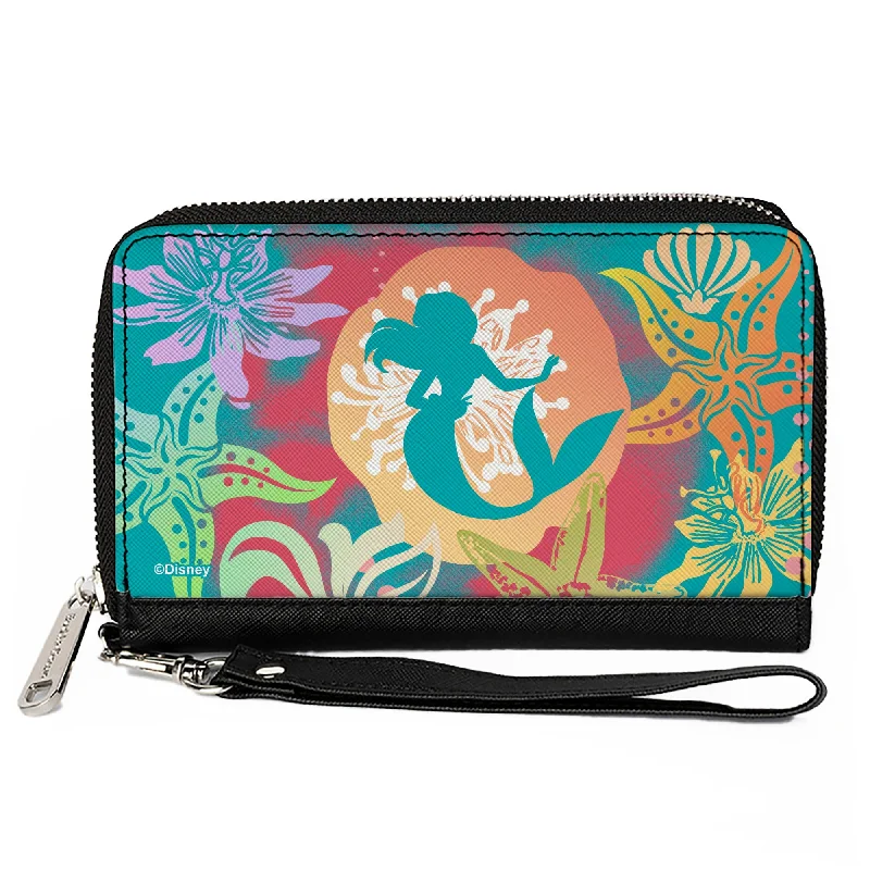 PU Zip Around Wallet Rectangle - Ariel Pose Silhouette/Shells & Sea Flowers Collage Aqua Blue/Multi Color PU Zip Around Wallet Rectangle - Ariel Pose Silhouette/Shells & Sea Flowers Collage Aqua Blue/Multi Color