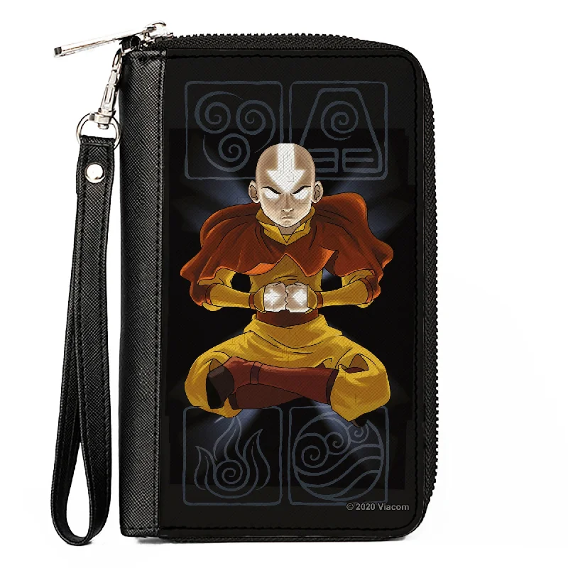 PU Zip Around Wallet Rectangle - Avatar the Last Airbender Aang Meditating Pose Bending Elements Icons Black Grays PU Zip Around Wallet Rectangle - Avatar the Last Airbender Aang Meditating Pose Bending Elements Icons Black Grays