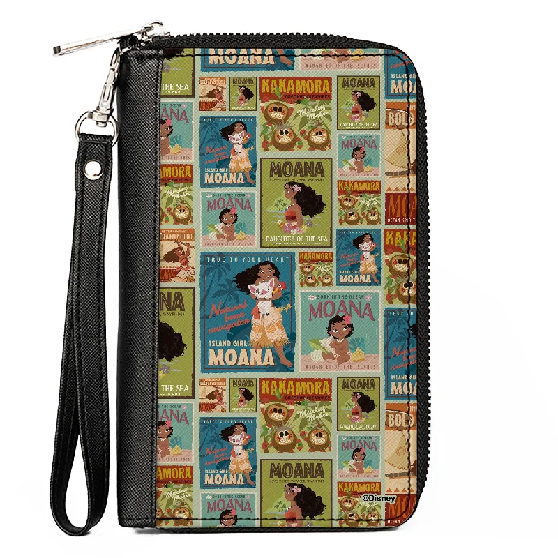PU Zip Around Wallet Rectangle - Moana Character Pose Blocks Collage