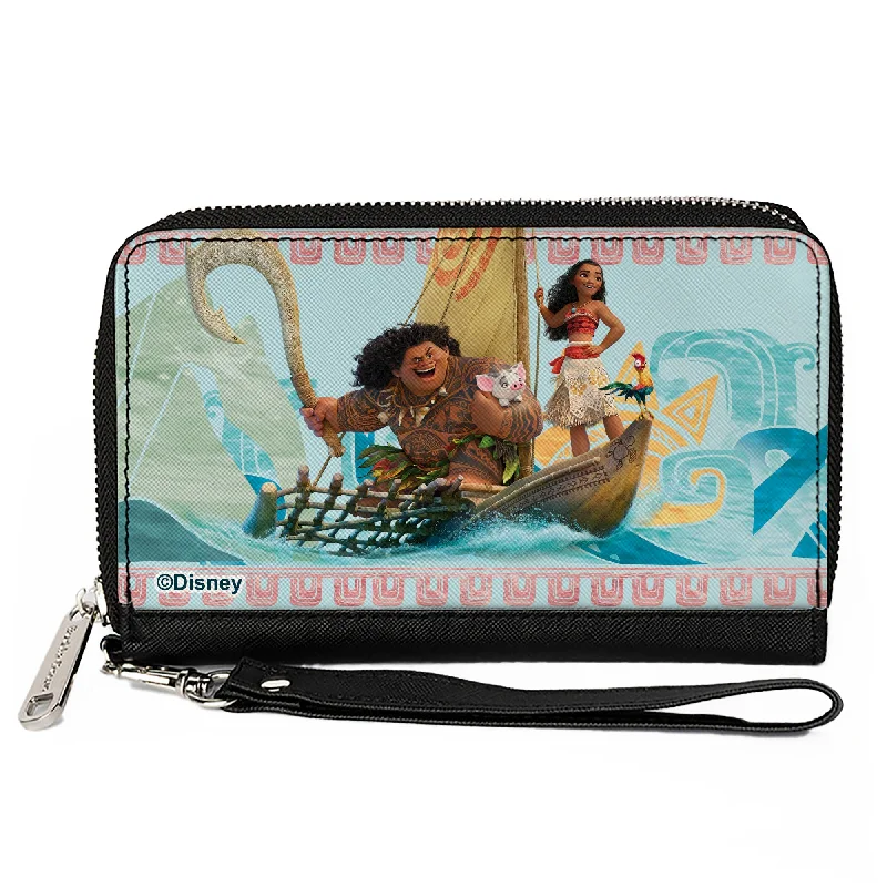 PU Zip Around Wallet Rectangle - Moana Voyage Group Pose/Tribal Icons Collage Blues
