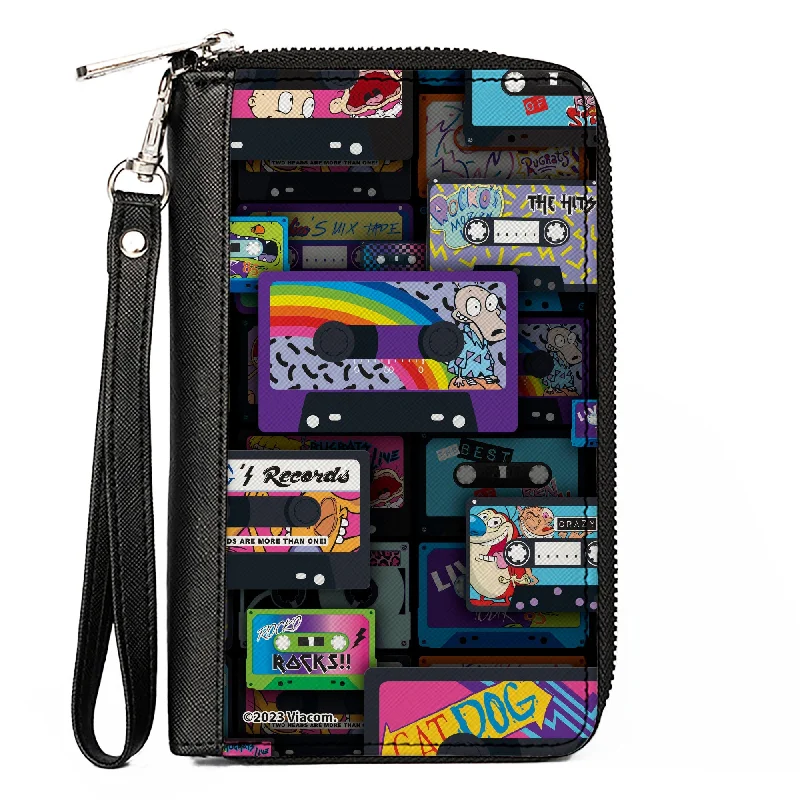 PU Zip Around Wallet Rectangle - Nick 90's Rewind Mash Up Cassette Tapes Collage Black PU Zip Around Wallet Rectangle - Nick 90's Rewind Mash Up Cassette Tapes Collage Black