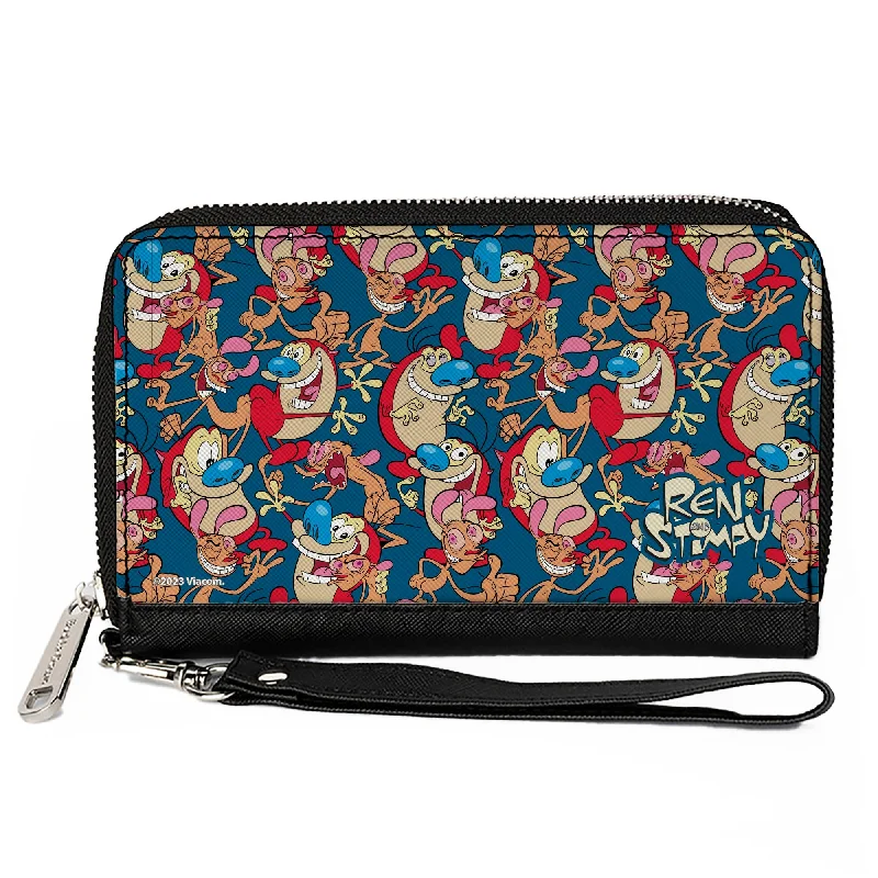 PU Zip Around Wallet Rectangle - REN AND STIMPY Multi-Pose Collage Blue