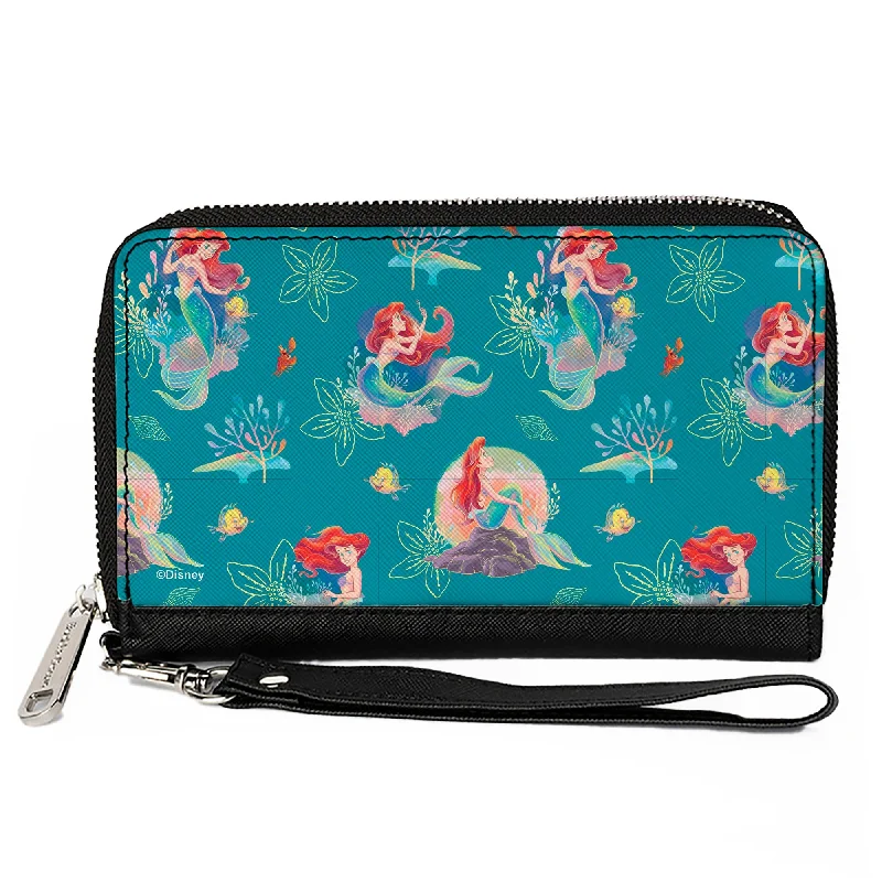 PU Zip Around Wallet Rectangle - The Little Mermaid Ariel with Flounder and Sebastian Poses Blue PU Zip Around Wallet Rectangle - The Little Mermaid Ariel with Flounder and Sebastian Poses Blue