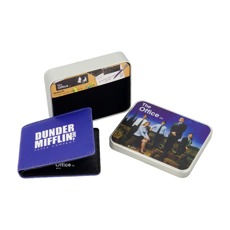 The Office Dunder Mifflin Inc. Paper Company Bifold Wallet, Slim Wallet with Decorative Tin for Men and Women